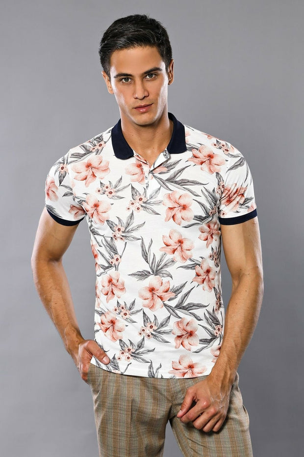 Floral Patterned Ecru Polo T-Shirt 3-piece-suit, Daily, Floral, Knit, L, M, Modern Fit, Patterned, Polo, Polo T-Shirt, S, Slim Fit, T-Shirt, XL OutletT-shirt - wessi