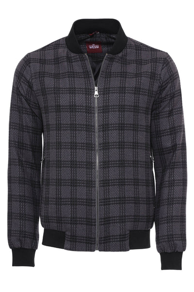 Dark Grey Checked Zippered Bomber Coat $50 - $100, 36, 38, 40, 42, 44, 46, 6 Drop, Bomber Jacket, Checked, Dark Grey, Grey, Modern Fit, Outwear, Patch Pockets, Plaid, Slim Fit, Slimfit, Zippe