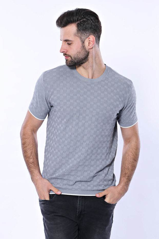 Grey Patterned Tricot Knitted T-Shirt 3-piece-suit, Basic, Basic T Shirt, Casual, Crew Neck, Daily, Knit, Modern Fit, Patterned, Slim Fit, T-Shirt, Zippered T-ShirtBasic T Shirt - wessi