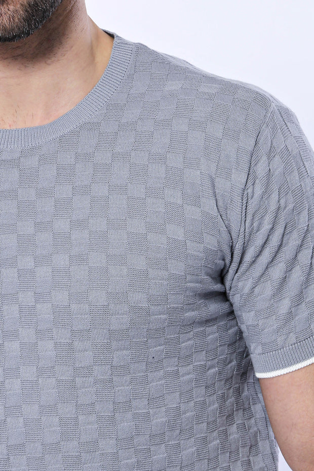 Grey Patterned Tricot Knitted T-Shirt 3-piece-suit, Basic, Basic T Shirt, Casual, Crew Neck, Daily, Knit, Modern Fit, Patterned, Slim Fit, T-Shirt, Zippered T-ShirtBasic T Shirt - wessi