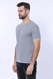 Grey Patterned Tricot Knitted T-Shirt 3-piece-suit, Basic, Basic T Shirt, Casual, Crew Neck, Daily, Knit, Modern Fit, Patterned, Slim Fit, T-Shirt, Zippered T-ShirtBasic T Shirt - wessi