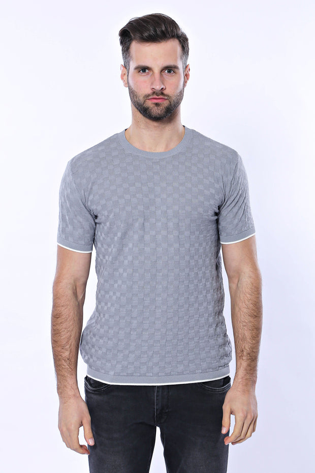 Grey Patterned Tricot Knitted T-Shirt 3-piece-suit, Basic, Basic T Shirt, Casual, Crew Neck, Daily, Knit, Modern Fit, Patterned, Slim Fit, T-Shirt, Zippered T-ShirtBasic T Shirt - wessi