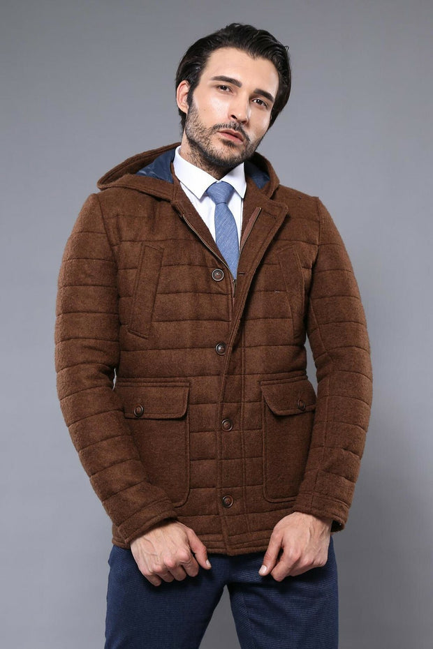 Hooded Brown Felt Coat | Wessi 3-piece-suit, 36, Brown, Coat, Hooded, Kaban, Modern Fit, Outwear, Slim Fit, tan OutletCoat - wessi