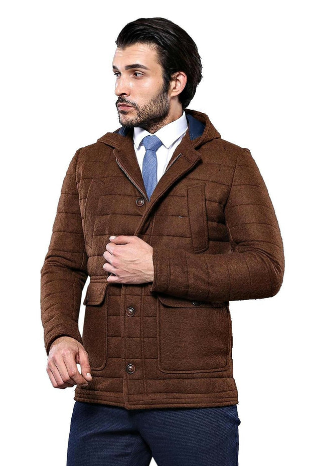 Hooded Brown Felt Coat | Wessi 3-piece-suit, 36, Brown, Coat, Hooded, Kaban, Modern Fit, Outwear, Slim Fit, tan OutletCoat - wessi