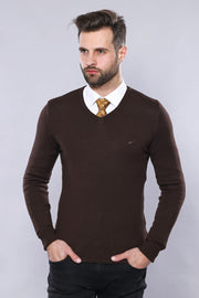 Brown V Neck Knitwear 3-piece-suit, Basic, Brown, Daily, Essentials, Knitwear, M, Modern Fit, Plain, Slim Fit, V Neck KnitwearV Neck - wessi