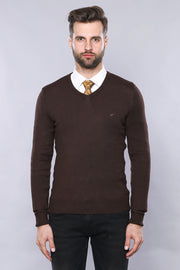 Brown V Neck Knitwear 3-piece-suit, Basic, Brown, Daily, Essentials, Knitwear, M, Modern Fit, Plain, Slim Fit, V Neck KnitwearV Neck - wessi