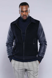 Leather Sleeve Navy Blue Cachet Coat | Wessi   - wessi