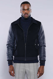 Leather Sleeve Navy Blue Cachet Coat | Wessi   - wessi