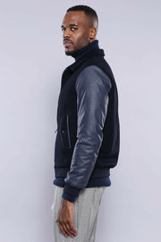 Leather Sleeve Navy Blue Cachet Coat | Wessi   - wessi