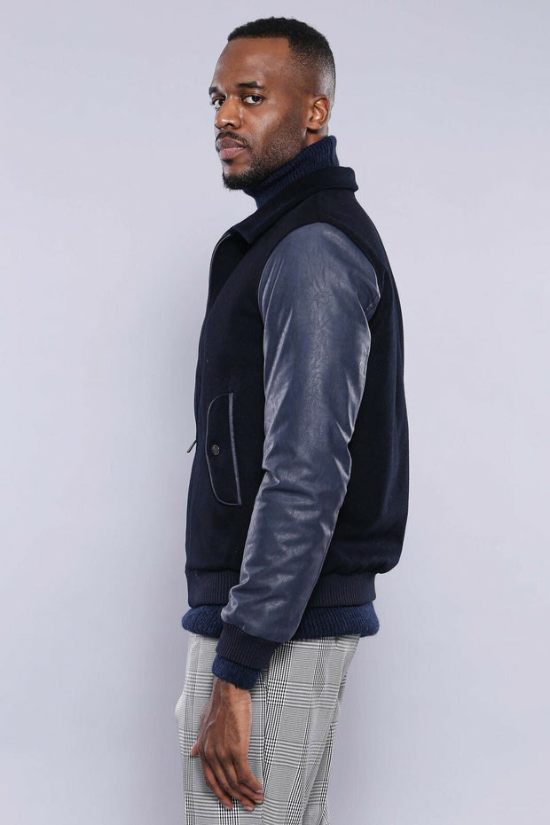 Leather Sleeve Navy Blue Cachet Coat | Wessi   - wessi