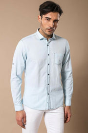 Birds Eye Patterned Slim Fit Ice Blue Shirt