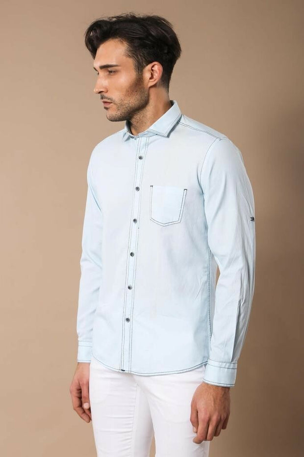 Birds Eye Patterned Slim Fit Ice Blue Shirt