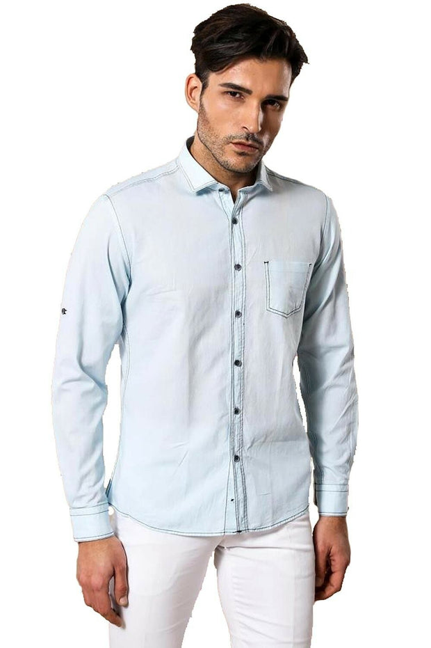 Birds Eye Patterned Slim Fit Ice Blue Shirt