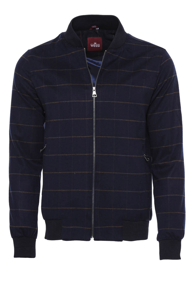 Navy Blue Checked Bomber Coat $50 - $100, 36, 38, 40, 42, 44, 46, 6 Drop, blue, Bomber Jacket, Checked, Mandarin Collar, Modern Fit, Navy, Navy Blue, Outwear, Plaid, Pocket, Slim Fit, Slimfit