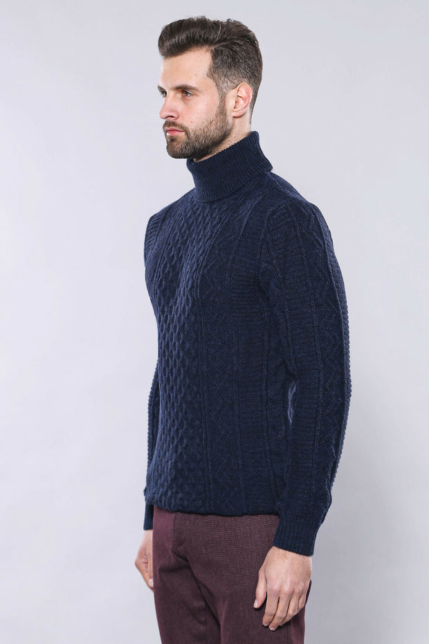 Patterned Turtleneck Navy Knitwear 3-piece-suit, Blue, Daily, Knit, Knitwear, M, Modern Fit, Navy, navy-blue, Patterned, S, Slim Fit, Turtle Neck, Turtle Neck Sweater KnitwearTurtle Neck Swea