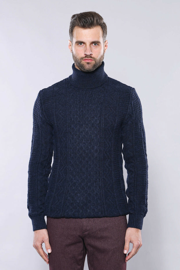 Patterned Turtleneck Navy Knitwear 3-piece-suit, Blue, Daily, Knit, Knitwear, M, Modern Fit, Navy, navy-blue, Patterned, S, Slim Fit, Turtle Neck, Turtle Neck Sweater KnitwearTurtle Neck Swea