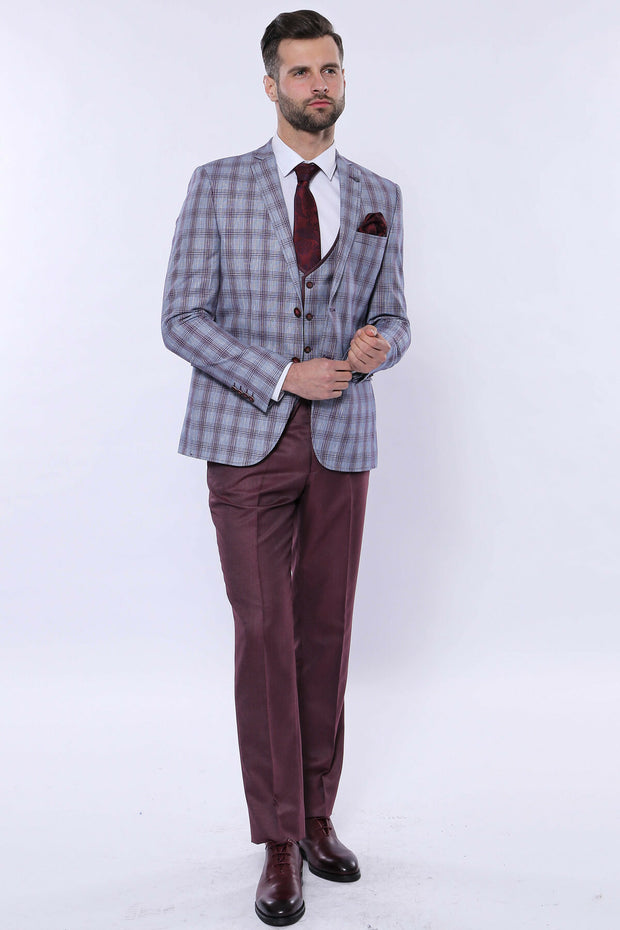 Patterned jacket suit with burgundy red straight pants 34, 36, 38, 40, 42, 46, 6 Drop, Basic, Burgundy, Burgundy Suit, Checked, Daily, Essentials, Grey, Grey Suit, Italian Suit, Modern Fit, N