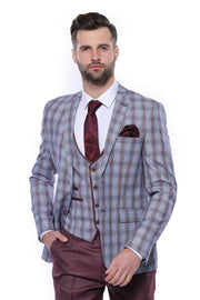 Patterned jacket suit with burgundy red straight pants 34, 36, 38, 40, 42, 46, 6 Drop, Basic, Burgundy, Burgundy Suit, Checked, Daily, Essentials, Grey, Grey Suit, Italian Suit, Modern Fit, N