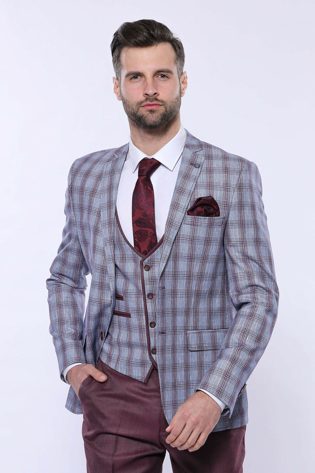 Patterned jacket suit with burgundy red straight pants 34, 36, 38, 40, 42, 46, 6 Drop, Basic, Burgundy, Burgundy Suit, Checked, Daily, Essentials, Grey, Grey Suit, Italian Suit, Modern Fit, N