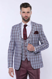 Patterned jacket suit with burgundy red straight pants 34, 36, 38, 40, 42, 46, 6 Drop, Basic, Burgundy, Burgundy Suit, Checked, Daily, Essentials, Grey, Grey Suit, Italian Suit, Modern Fit, N