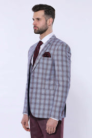 Patterned jacket suit with burgundy red straight pants 34, 36, 38, 40, 42, 46, 6 Drop, Basic, Burgundy, Burgundy Suit, Checked, Daily, Essentials, Grey, Grey Suit, Italian Suit, Modern Fit, N