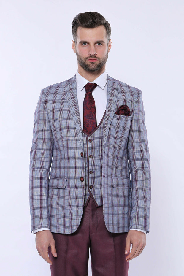 Patterned jacket suit with burgundy red straight pants 34, 36, 38, 40, 42, 46, 6 Drop, Basic, Burgundy, Burgundy Suit, Checked, Daily, Essentials, Grey, Grey Suit, Italian Suit, Modern Fit, N