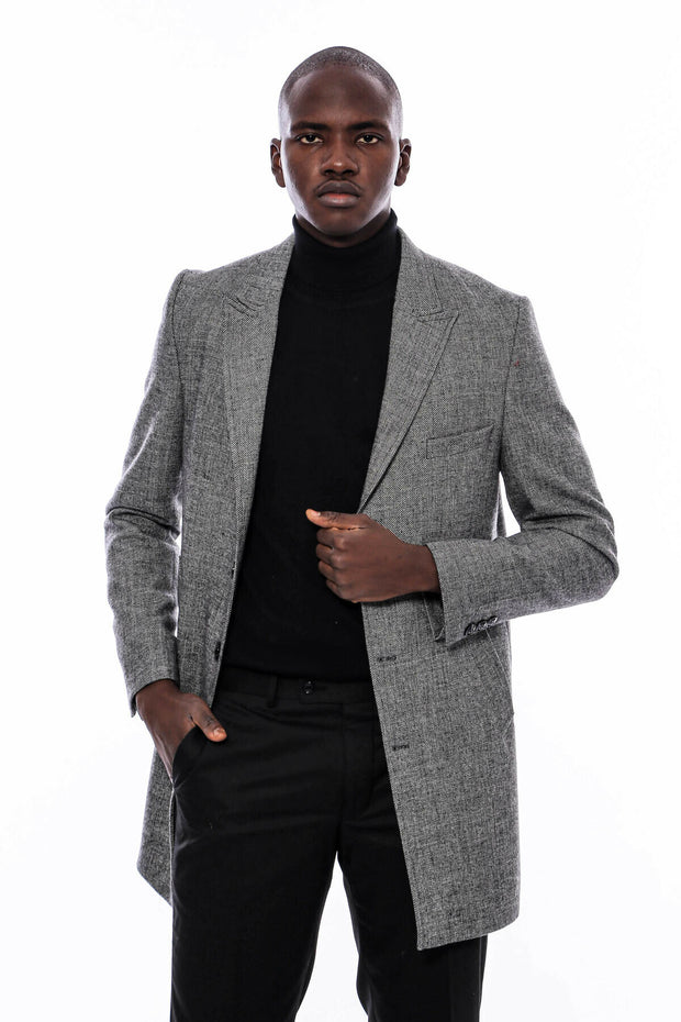 Peak Lapel Grey Short Coat. 3-piece-suit, 36, 38, 40, 42, 44, 46, Basic, Essentials, Grey, Long Coat, Modern Fit, Outwear, Peacoat, Peak, Peak Lapel, Plain, Slim Fit OutwearPeacoatLong Coat -