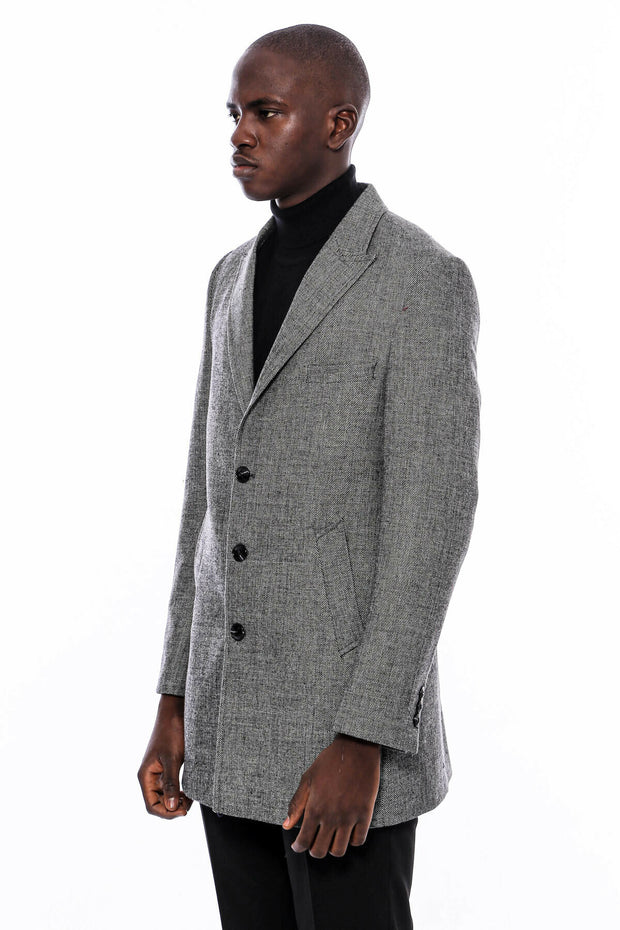 Peak Lapel Grey Short Coat. 3-piece-suit, 36, 38, 40, 42, 44, 46, Basic, Essentials, Grey, Long Coat, Modern Fit, Outwear, Peacoat, Peak, Peak Lapel, Plain, Slim Fit OutwearPeacoatLong Coat -