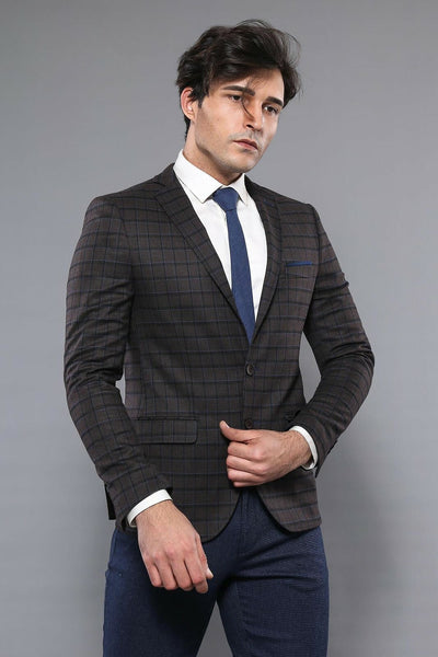 Plaid Brown Jacket with Handkerchief 3-piece-suit, 34, 38, 40, Blue, Brown, Men's Blazers, Modern Fit, Navy, Navy Blue, Peak, Peak Lapel, Slim Fit, Slim Fit Blazers OutletBlazer - wessi