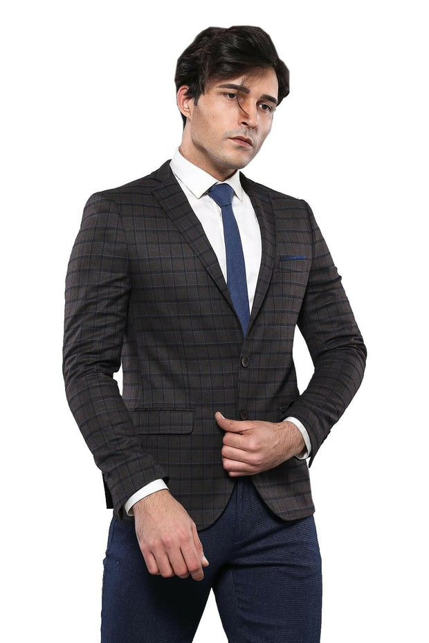 Plaid Brown Jacket with Handkerchief 3-piece-suit, 34, 38, 40, Blue, Brown, Men's Blazers, Modern Fit, Navy, Navy Blue, Peak, Peak Lapel, Slim Fit, Slim Fit Blazers OutletBlazer - wessi