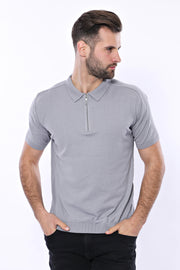 Polo Neck Plain Grey Knitted T-Shirt 3-piece-suit, Basic, Daily, Plain, Polo, Polo T-Shirt, T-Shirt, Zippered T-ShirtPolo T-Shirt - wessi