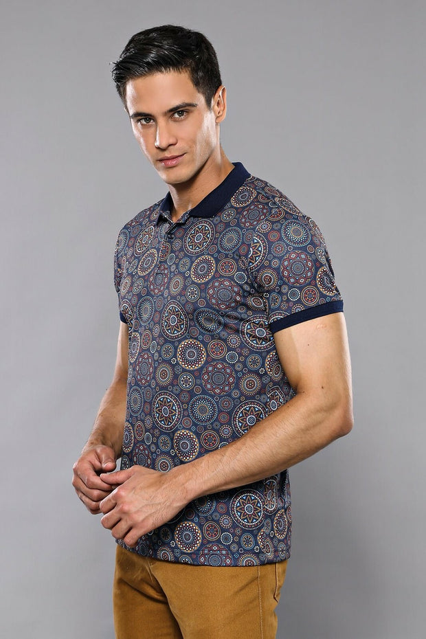 Navy Blue Floral Patterned Polo T-Shirt 3-piece-suit, Blue, Daily, Floral, Knit, Modern Fit, Navy, navy-blue, Patterned, Polo, Polo T-Shirt, Slim Fit, T-Shirt T-ShirtPolo T-Shirt - wessi