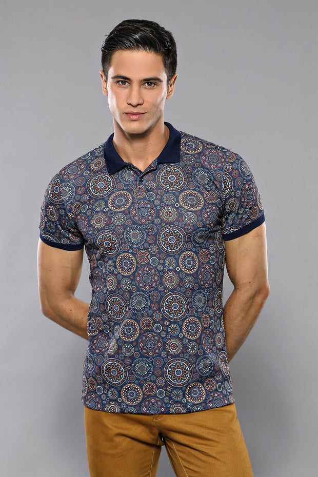 Navy Blue Floral Patterned Polo T-Shirt 3-piece-suit, Blue, Daily, Floral, Knit, Modern Fit, Navy, navy-blue, Patterned, Polo, Polo T-Shirt, Slim Fit, T-Shirt T-ShirtPolo T-Shirt - wessi