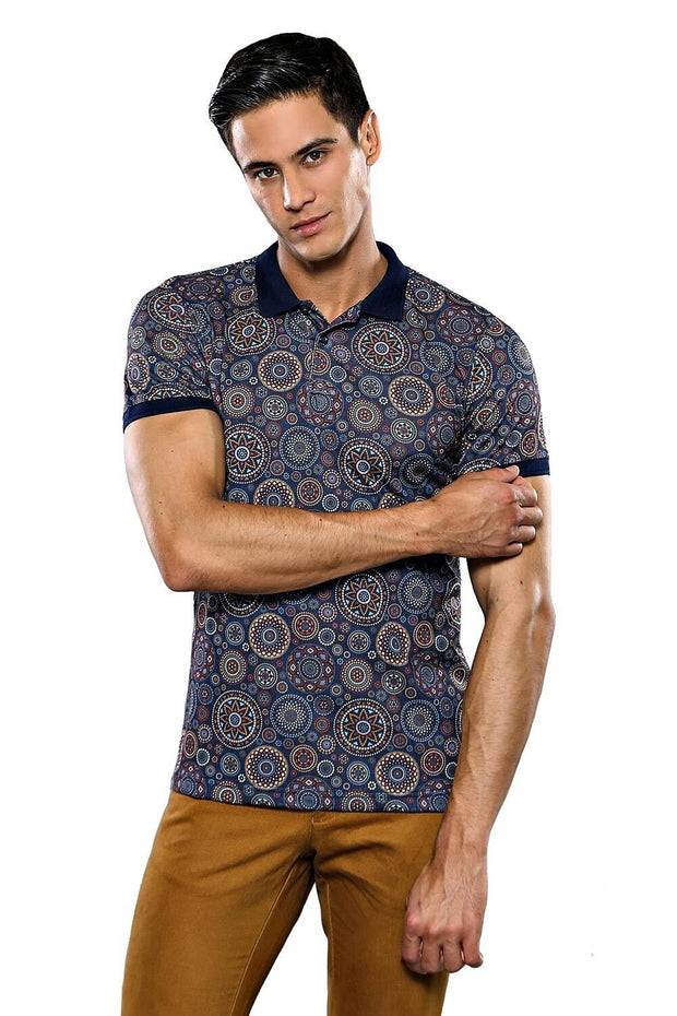 Navy Blue Floral Patterned Polo T-Shirt 3-piece-suit, Blue, Daily, Floral, Knit, Modern Fit, Navy, navy-blue, Patterned, Polo, Polo T-Shirt, Slim Fit, T-Shirt T-ShirtPolo T-Shirt - wessi