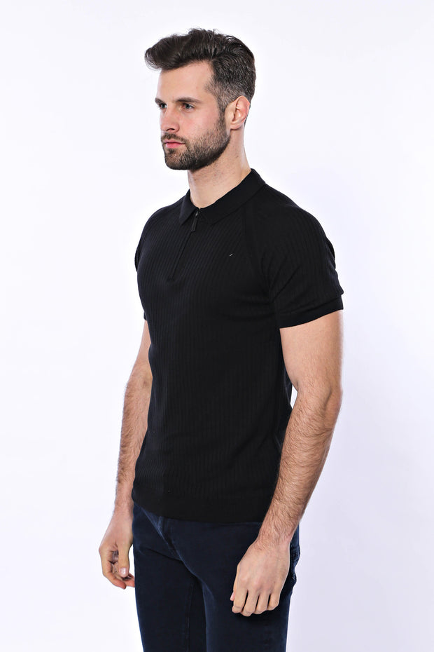 Polo Zippered Patterned Black Knitted T-Shirt 3-piece-suit, Daily, Knit, Modern Fit, Patterned, Polo, Polo T-Shirt, Slim Fit, T-Shirt, Zippered T-ShirtPolo T-Shirt - wessi