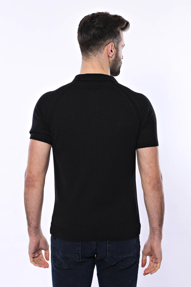 Polo Zippered Patterned Black Knitted T-Shirt 3-piece-suit, Daily, Knit, Modern Fit, Patterned, Polo, Polo T-Shirt, Slim Fit, T-Shirt, Zippered T-ShirtPolo T-Shirt - wessi