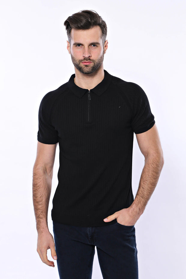 Polo Zippered Patterned Black Knitted T-Shirt 3-piece-suit, Daily, Knit, Modern Fit, Patterned, Polo, Polo T-Shirt, Slim Fit, T-Shirt, Zippered T-ShirtPolo T-Shirt - wessi