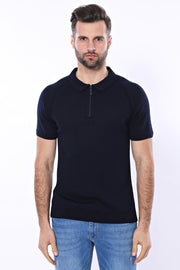 Polo Zippered Patterned Navy Knitted T-Shirt 3-piece-suit, Blue, Daily, Knit, Modern Fit, Navy, navy-blue, Patterned, Polo, Polo T-Shirt, Short Sleeve, Slim Fit, T-Shirt, Zippered T-ShirtPolo