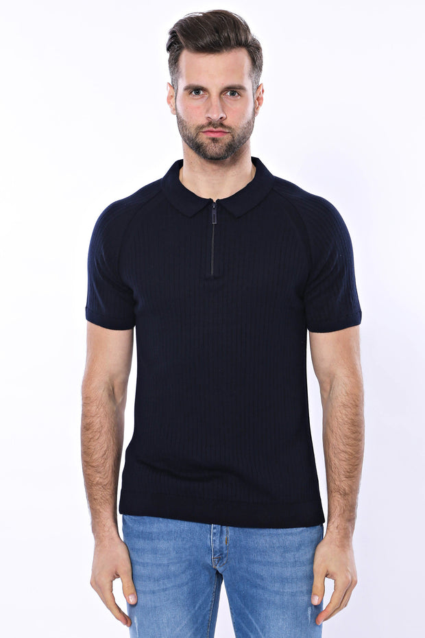 Polo Zippered Patterned Navy Knitted T-Shirt 3-piece-suit, Blue, Daily, Knit, Modern Fit, Navy, navy-blue, Patterned, Polo, Polo T-Shirt, Short Sleeve, Slim Fit, T-Shirt, Zippered T-ShirtPolo