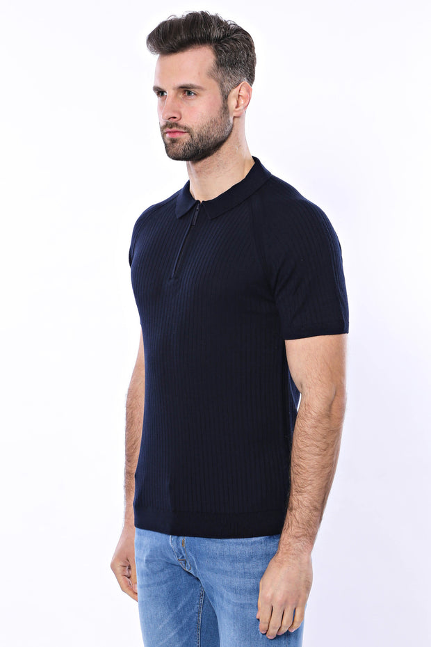 Polo Zippered Patterned Navy Knitted T-Shirt 3-piece-suit, Blue, Daily, Knit, Modern Fit, Navy, navy-blue, Patterned, Polo, Polo T-Shirt, Short Sleeve, Slim Fit, T-Shirt, Zippered T-ShirtPolo