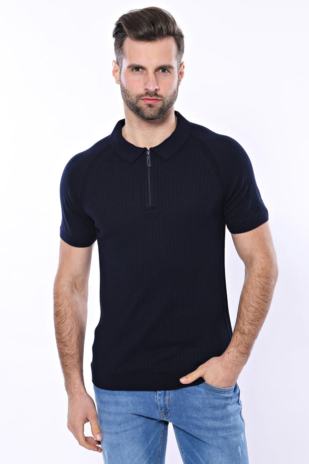 Polo Zippered Patterned Navy Knitted T-Shirt 3-piece-suit, Blue, Daily, Knit, Modern Fit, Navy, navy-blue, Patterned, Polo, Polo T-Shirt, Short Sleeve, Slim Fit, T-Shirt, Zippered T-ShirtPolo