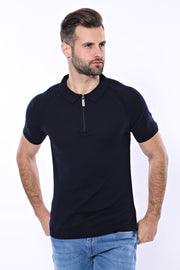 Polo Zippered Patterned Navy Knitted T-Shirt 3-piece-suit, Blue, Daily, Knit, Modern Fit, Navy, navy-blue, Patterned, Polo, Polo T-Shirt, Short Sleeve, Slim Fit, T-Shirt, Zippered T-ShirtPolo