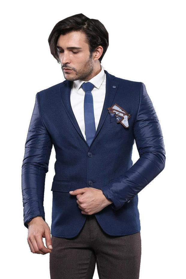 Quilted Sleeve and Nacy Blue Jacket | Wessi 3-piece-suit, 36, 38, 40, 42, 44, 46, Blue, Men's Blazers, Modern Fit, Navy, Navy Blue, Quilted, Slim Fit, Slim Fit Blazers OutletBlazer - wessi