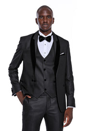 Shawl Lapel Patterned Grey Groom Suit 3 Piece Tuxedo, 3-piece-suit, 34, 36, 38, 40, 42, 44, 46, 48, black, Grey, Modern Fit, Party, Slim Fit, Tuxedo, Wedding Tuxedo3 Piece Tuxedo - wessi