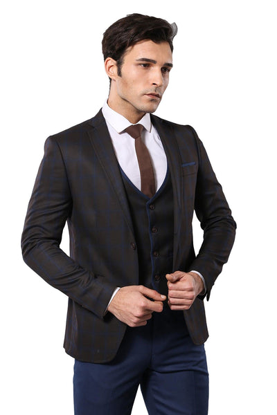 Checked Vested Brown Suit $100 - $150, 3-piece-suit, 34, 38, 40, 42, 44, 46, 6 Drop, Checked, Daily, Italian, mens-suit_obsolete, Modern Fit, Notch, Office, Plaid, Plaid Suit, Slim Fit, Slim 