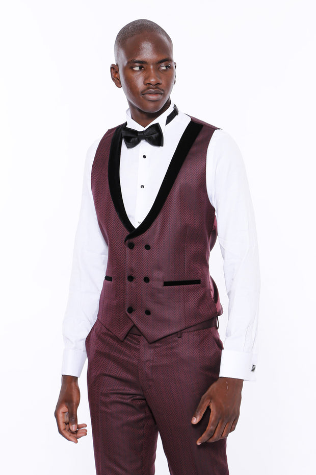 Patterned Burgundy Velvet Lapel Tuxedo 3-piece-suit, 34, 36, 38, 40, 42, 44, 46, 48, Modern Fit, Party, Peak, Peak Lapel, Slim Fit, Slim Fit Suit, Suit, Wedding SuitSlim Fit Suit - wessi