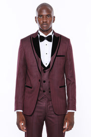 Patterned Burgundy Velvet Lapel Tuxedo 3-piece-suit, 34, 36, 38, 40, 42, 44, 46, 48, Modern Fit, Party, Peak, Peak Lapel, Slim Fit, Slim Fit Suit, Suit, Wedding SuitSlim Fit Suit - wessi