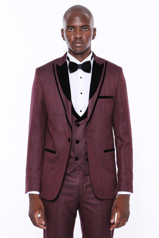 Patterned Burgundy Velvet Lapel Tuxedo 3-piece-suit, 34, 36, 38, 40, 42, 44, 46, 48, Modern Fit, Party, Peak, Peak Lapel, Slim Fit, Slim Fit Suit, Suit, Wedding SuitSlim Fit Suit - wessi