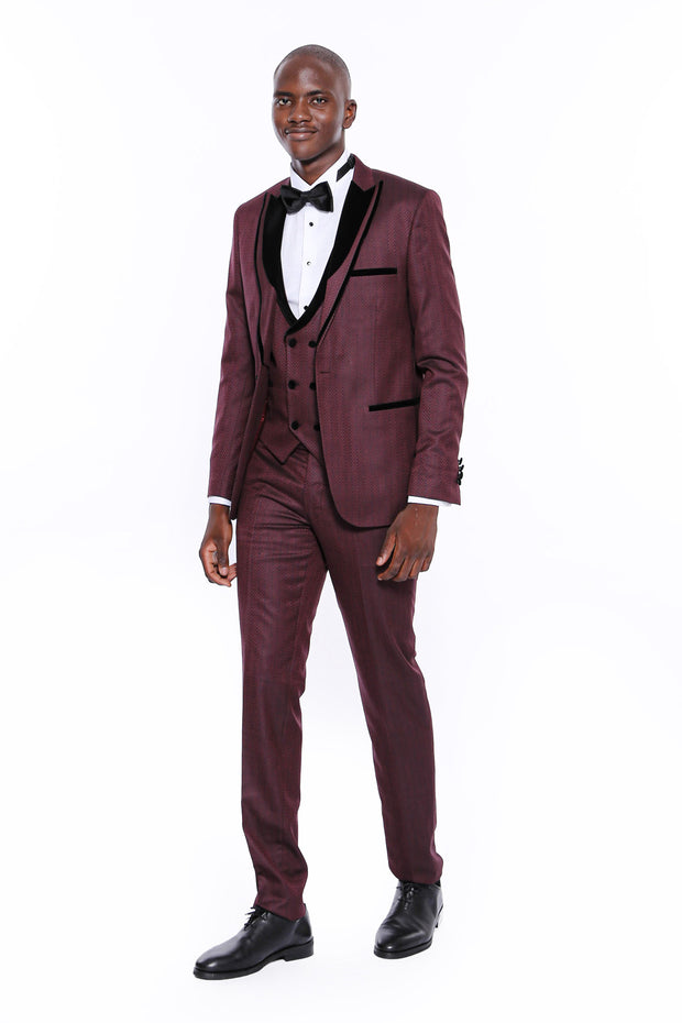 Patterned Burgundy Velvet Lapel Tuxedo 3-piece-suit, 34, 36, 38, 40, 42, 44, 46, 48, Modern Fit, Party, Peak, Peak Lapel, Slim Fit, Slim Fit Suit, Suit, Wedding SuitSlim Fit Suit - wessi