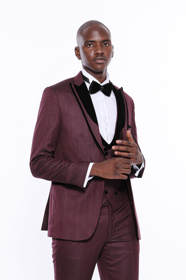 Patterned Burgundy Velvet Lapel Tuxedo 3-piece-suit, 34, 36, 38, 40, 42, 44, 46, 48, Modern Fit, Party, Peak, Peak Lapel, Slim Fit, Slim Fit Suit, Suit, Wedding SuitSlim Fit Suit - wessi